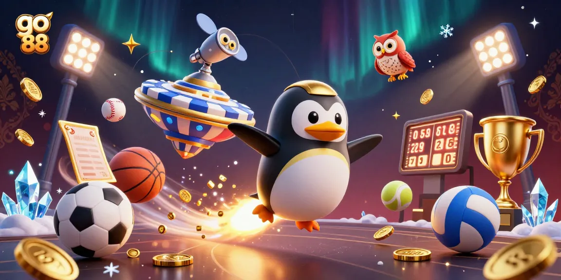 Engage with go 88’s exciting casino adventure, featuring a golden penguin and dynamic sports elements.